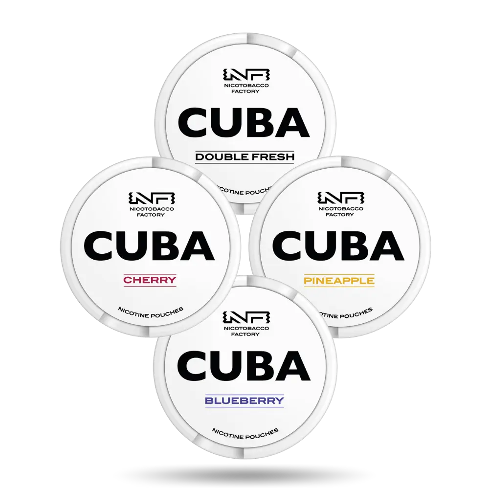 Cuba White Slim Snus Combo Pack mit den Geschmacksrichtungen Double Fresh, Cherry, Pineapple und Blueberry 24mg/g