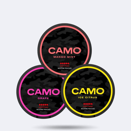 Camo Combo Pack Super Strong Nicotine Pouches mit den Geschmacksrichtungen Mango Mint, Grape und Ice Citrus