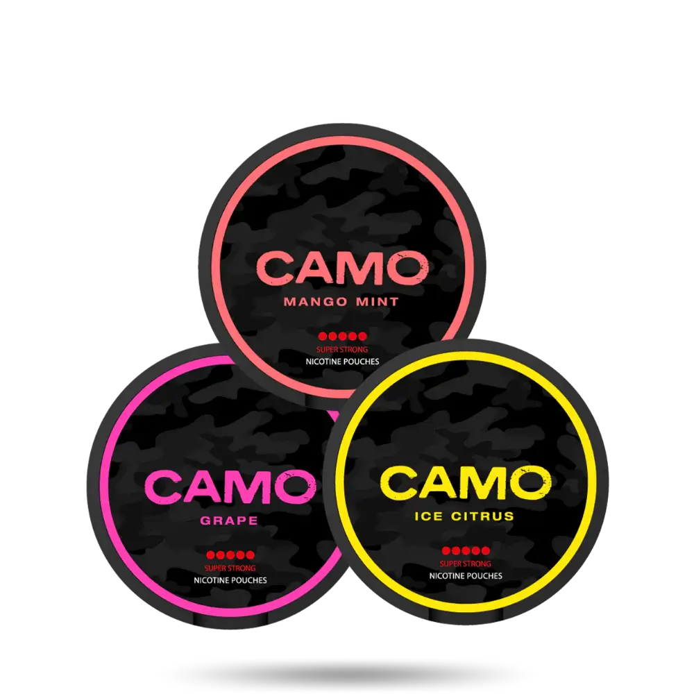 Camo Combo Pack Super Strong Nicotine Pouches mit den Geschmacksrichtungen Mango Mint, Grape und Ice Citrus