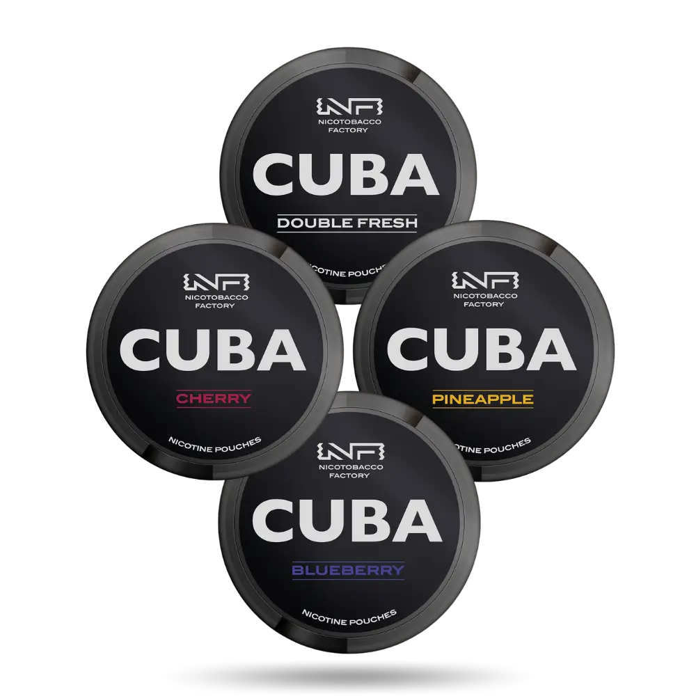 Cuba Black Combo Pack Nicotine Pouches mit den Geschmacksrichtungen Peach, Cherry, Pineapple und Blueberry 66mg/g