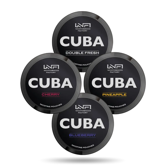 Cuba Black Combo Pack Nicotine Pouches mit den Geschmacksrichtungen Peach, Cherry, Pineapple und Blueberry 66mg/g