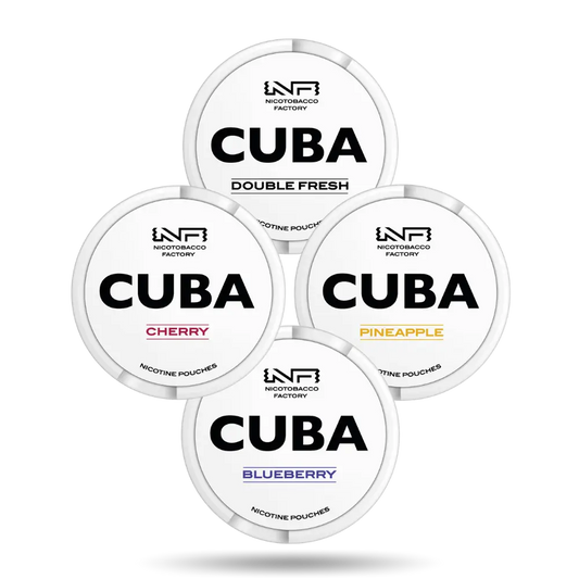 Cuba White Slim Snus Combo Pack mit den Geschmacksrichtungen Double Fresh, Cherry, Pineapple und Blueberry 24mg/g