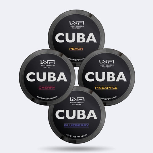Cuba Black Combo Pack Nicotine Pouches mit den Geschmacksrichtungen Peach, Cherry, Pineapple und Blueberry 66mg/g