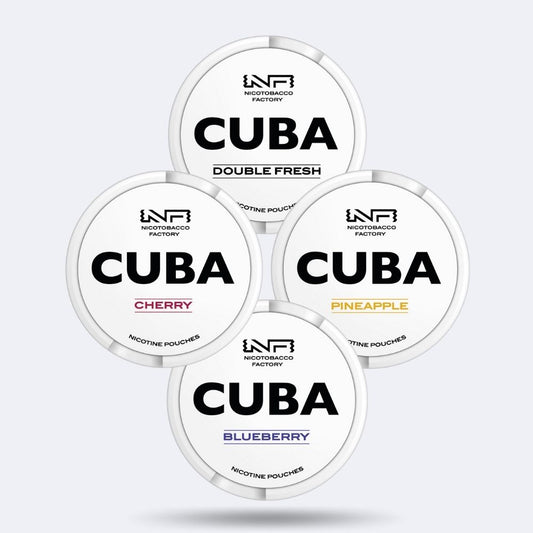 Cuba White Slim Snus Combo Pack mit den Geschmacksrichtungen Double Fresh, Cherry, Pineapple und Blueberry 24mg/g