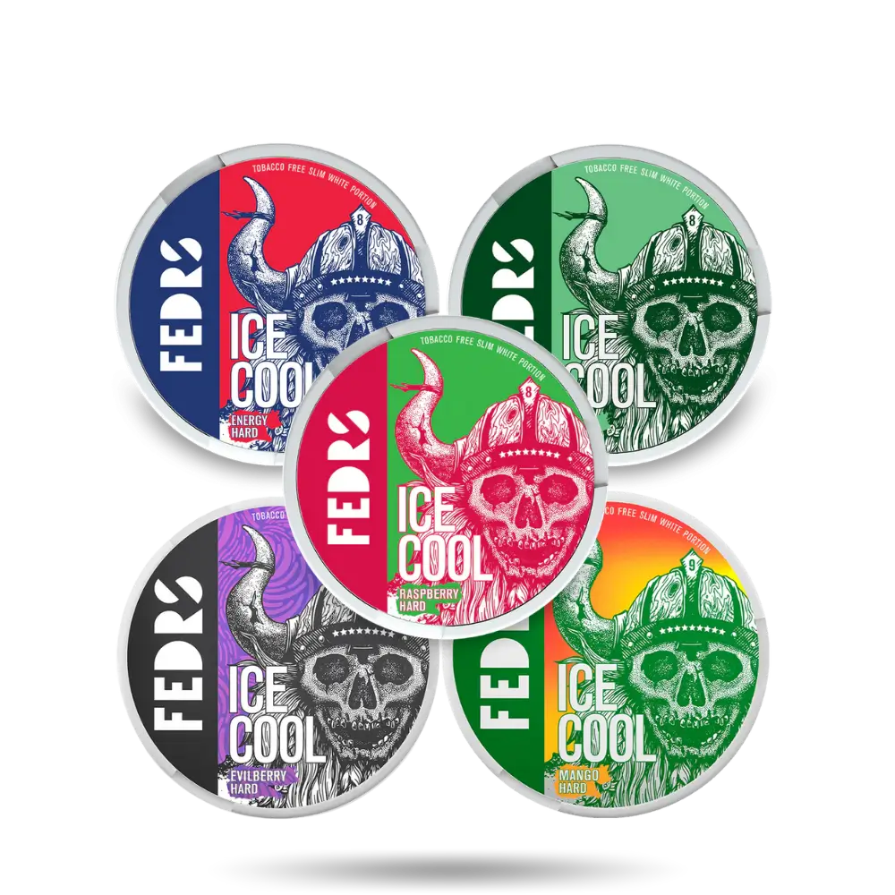 Fedrs Combo Pack Slim Snus mit den Geschmacksrichtungen Energy Hard, Mint Hard, Raspberry Hard, Evilberry Hard und Mango Hard mit einem Nikotingehalt von 65mg/g