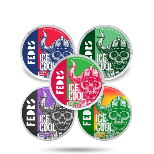 Fedrs Combo Pack Slim Snus mit den Geschmacksrichtungen Energy Hard, Mint Hard, Raspberry Hard, Evilberry Hard und Mango Hard mit einem Nikotingehalt von 65mg/g