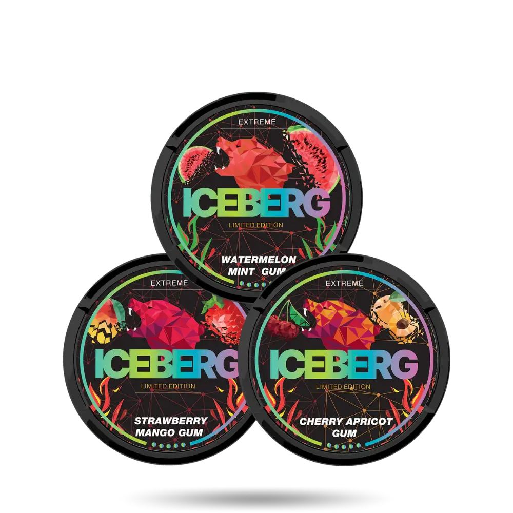 Iceberg-Combo-Pack Extreme Limited Edition, Watermelon Mint Gum, Strawberry Mango Gum, Cherry Apricot Gum Slim Nicotine Pouches Snus 50mg/g