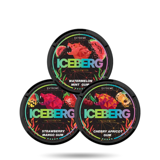 Iceberg-Combo-Pack Extreme Limited Edition, Watermelon Mint Gum, Strawberry Mango Gum, Cherry Apricot Gum Slim Nicotine Pouches Snus 50mg/g