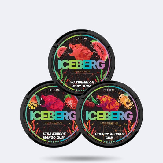 Iceberg-Combo-Pack Extreme Limited Edition, Watermelon Mint Gum, Strawberry Mango Gum, Cherry Apricot Gum Slim Nicotine Pouches Snus 50mg/g