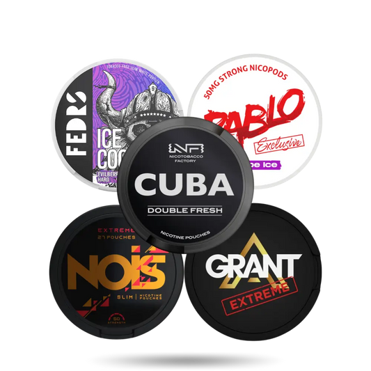 KnockOut-Combo-Pack, Fedrs Hard Evilberry, Pablo Grape Ice, Cuba Black Double Fresh, Nois Extreme, Grant Extreme Edition Slim Nicotine Pouches Snus