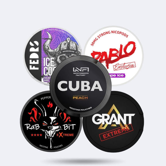 KnockOut-Combo-Pack, Fedrs Hard Evilberry, Pablo Grape Ice, Cuba Black Peach, Rabbit Pepper Mint, Grant Extreme Edition Slim Nicotine Pouches Snus