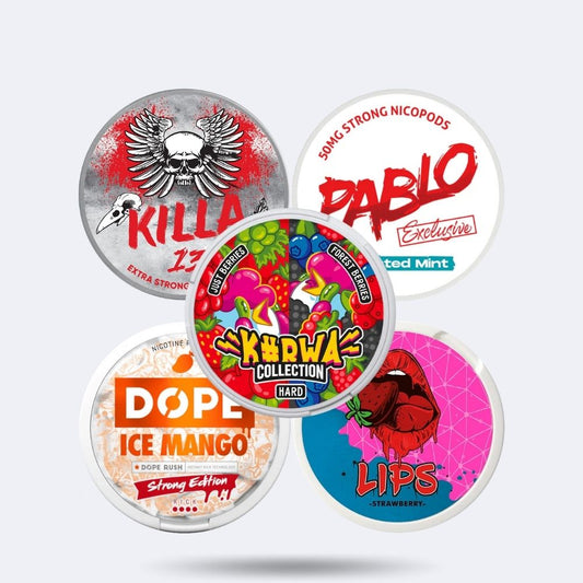 Flash-Sale-Combo-Pack Killa 13 (Energy), Pablo Frosted Mint, Kurwa Forest-Berries, Dope Ice Mango, Lips Strawberry Slim Nicotine Puches Snus